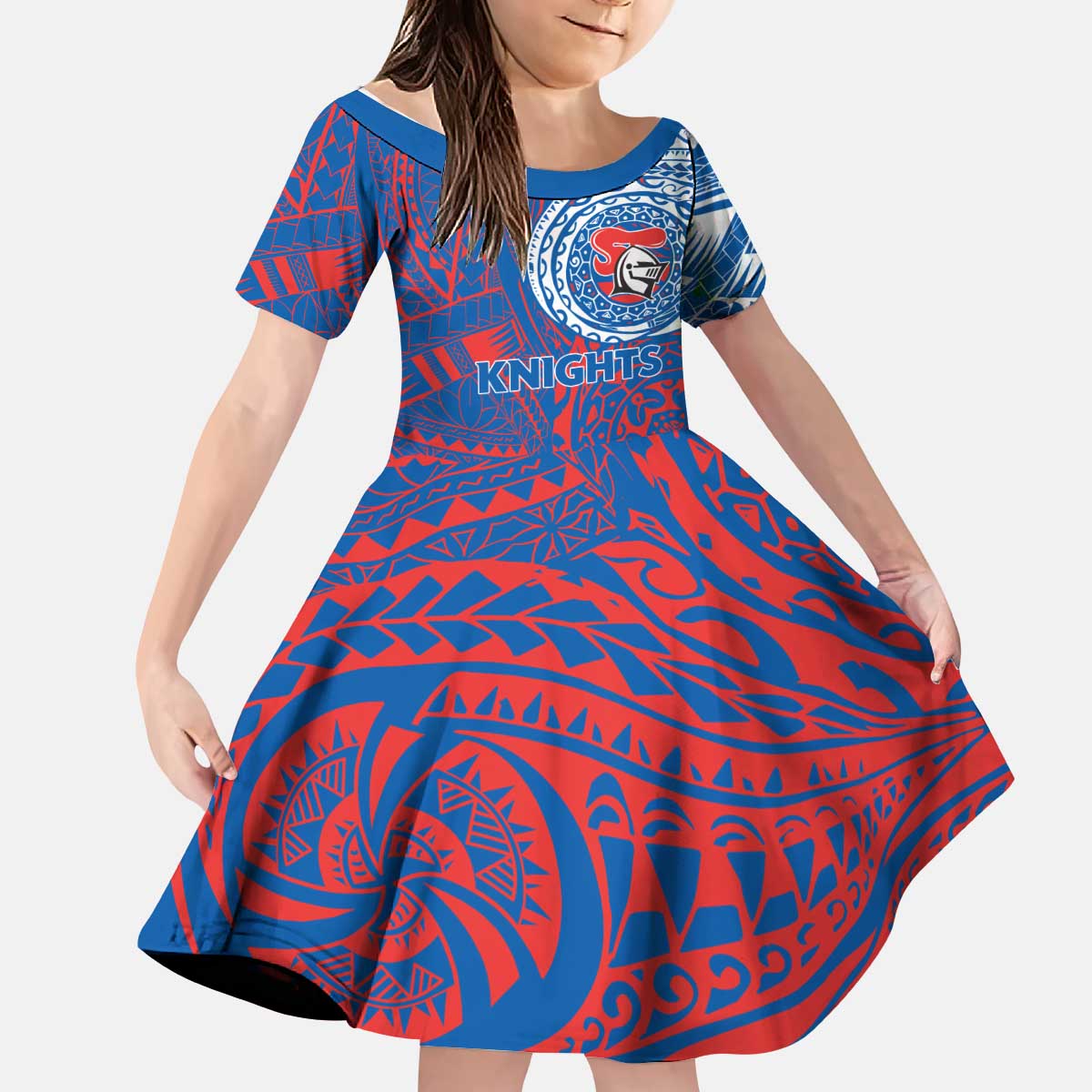 Personalized Newcastle Knights Kid Short Sleeve Dress Polynesian Tribal Chest and Sleeve Tattoo