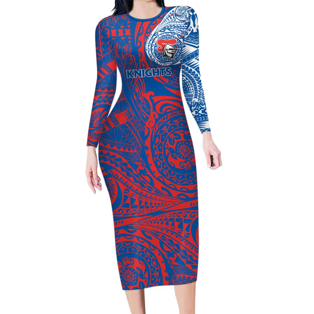 Personalized Newcastle Knights Long Sleeve Bodycon Dress Polynesian Tribal Chest and Sleeve Tattoo