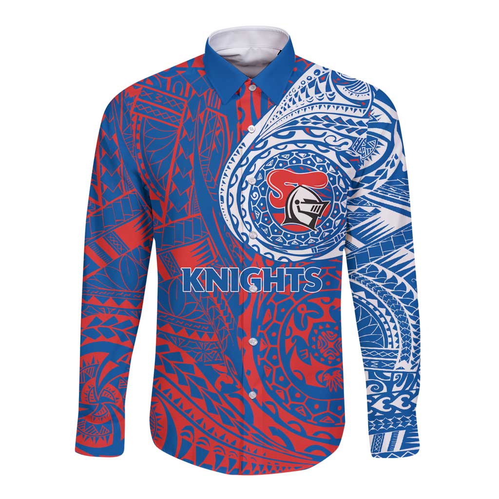 Personalized Newcastle Knights Long Sleeve Button Shirt Polynesian Tribal Chest and Sleeve Tattoo