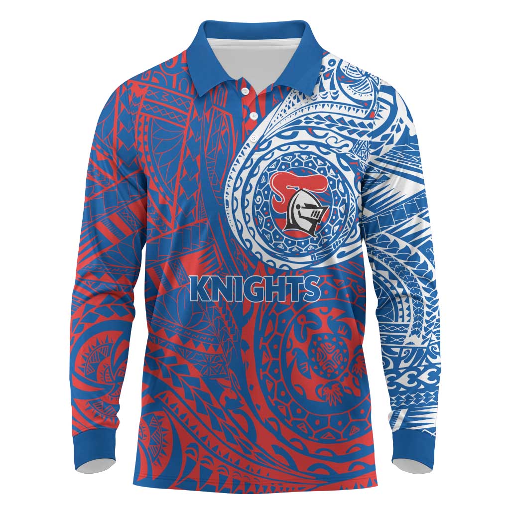 Personalized Newcastle Knights Long Sleeve Polo Shirt Polynesian Tribal Chest and Sleeve Tattoo