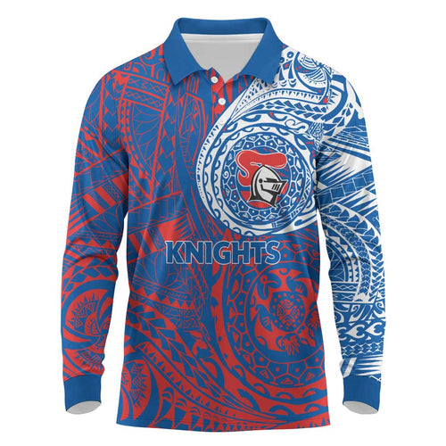 Personalized Newcastle Knights Long Sleeve Polo Shirt Polynesian Tribal Chest and Sleeve Tattoo