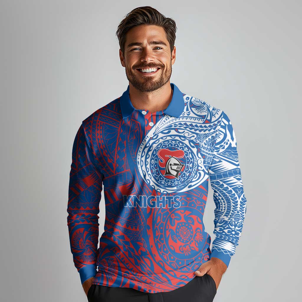 Personalized Newcastle Knights Long Sleeve Polo Shirt Polynesian Tribal Chest and Sleeve Tattoo
