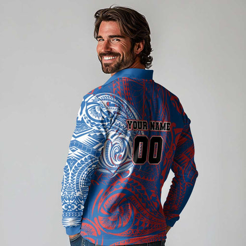 Personalized Newcastle Knights Long Sleeve Polo Shirt Polynesian Tribal Chest and Sleeve Tattoo