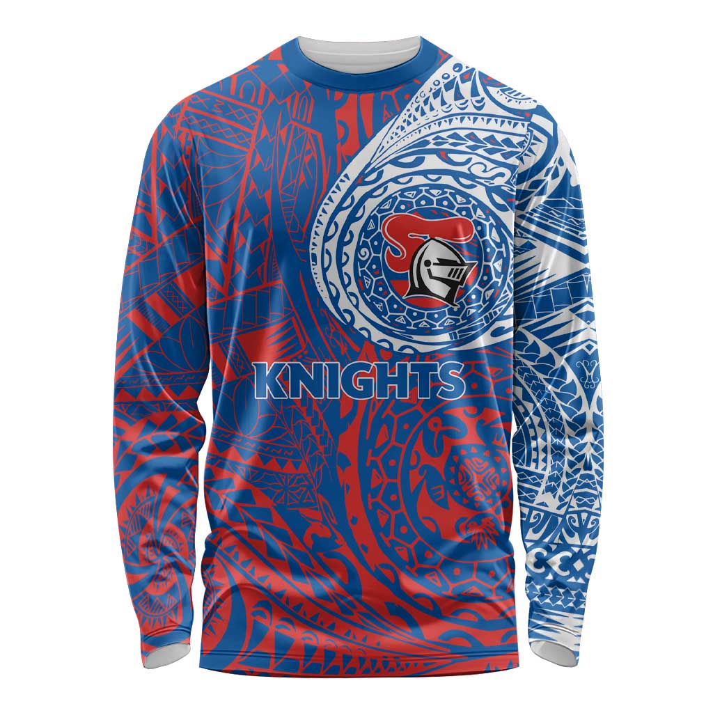 Personalized Newcastle Knights Long Sleeve Shirt Polynesian Tribal Chest and Sleeve Tattoo