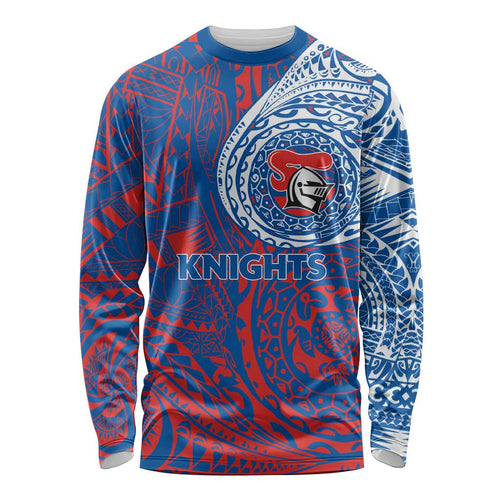 Personalized Newcastle Knights Long Sleeve Shirt Polynesian Tribal Chest and Sleeve Tattoo