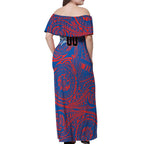 Personalized Newcastle Knights Off Shoulder Maxi Dress Polynesian Tribal Chest and Sleeve Tattoo