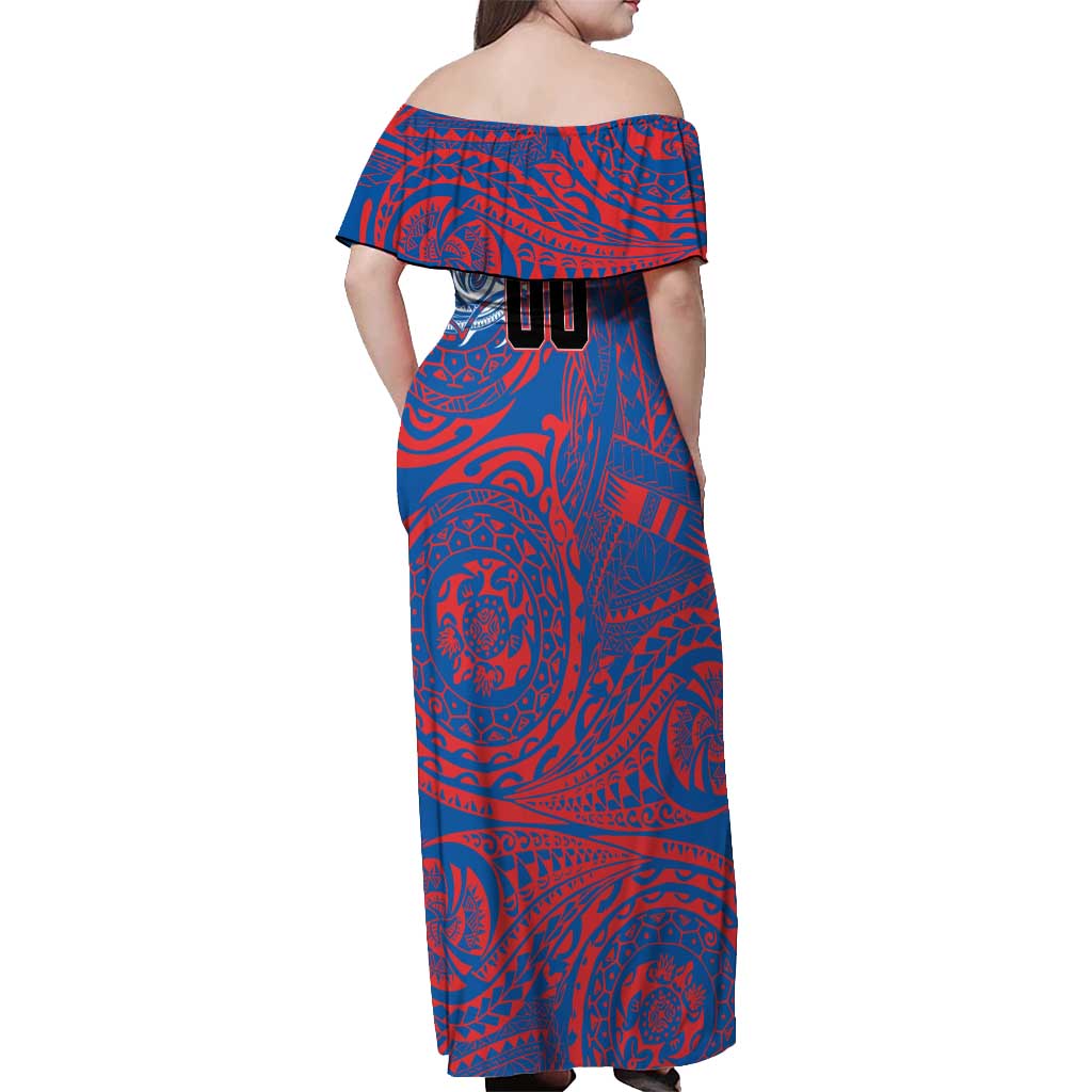 Personalized Newcastle Knights Off Shoulder Maxi Dress Polynesian Tribal Chest and Sleeve Tattoo