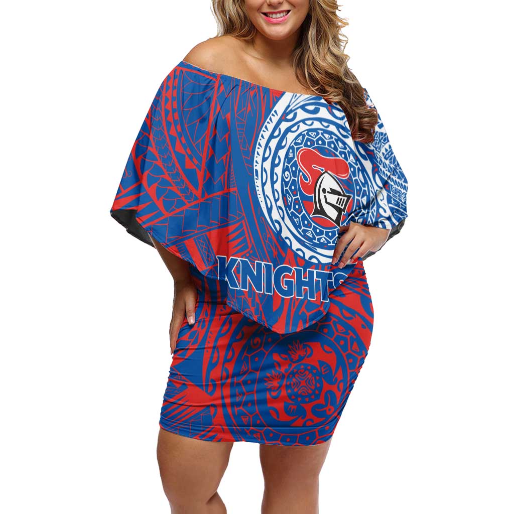 Personalized Newcastle Knights Off Shoulder Short Dress Polynesian Tribal Chest and Sleeve Tattoo
