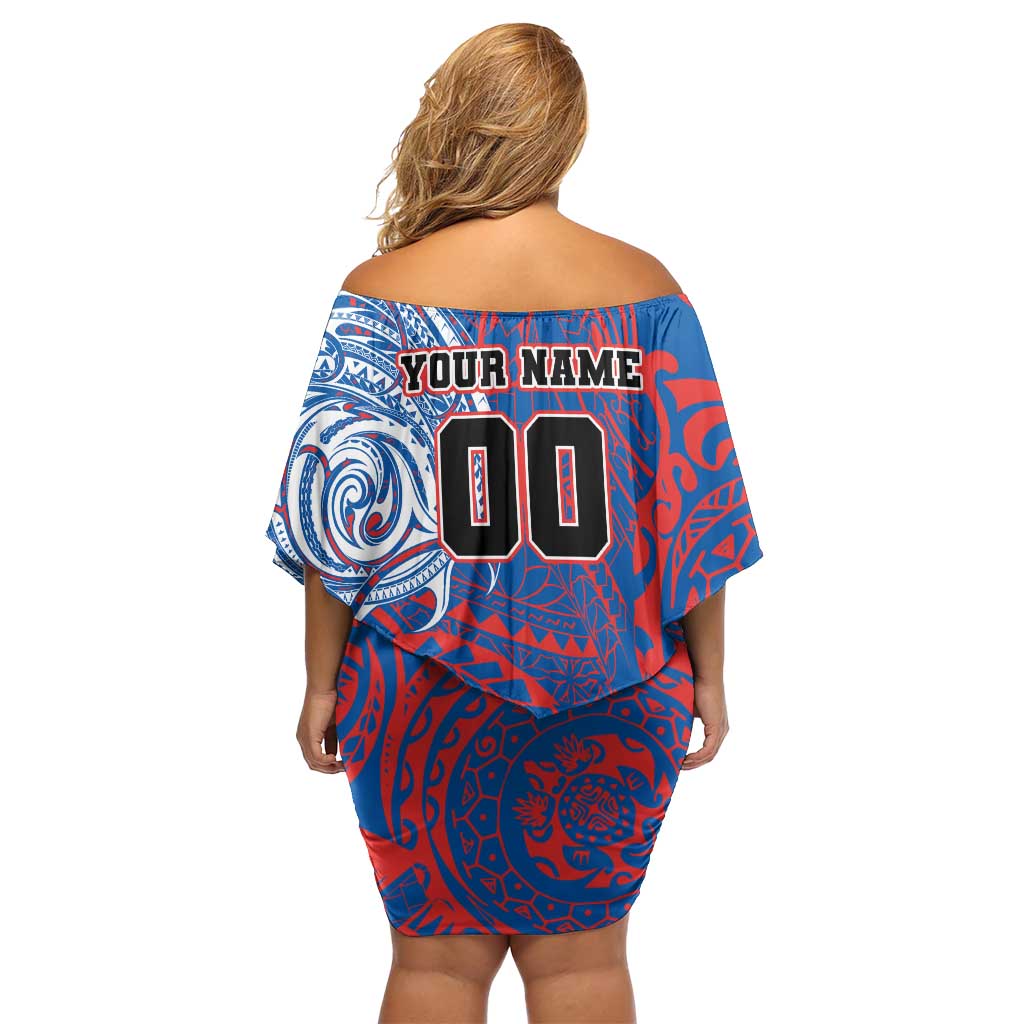 Personalized Newcastle Knights Off Shoulder Short Dress Polynesian Tribal Chest and Sleeve Tattoo
