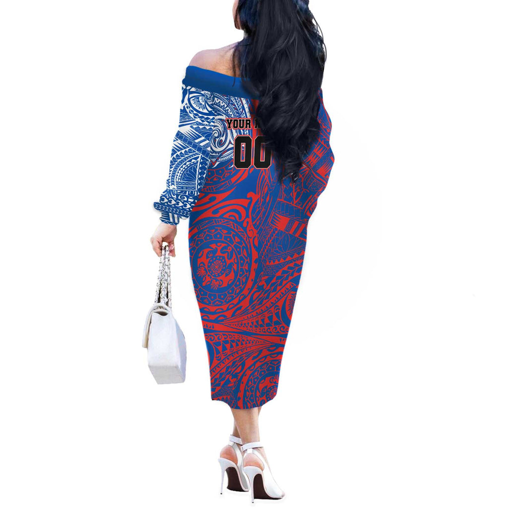 Personalized Newcastle Knights Off The Shoulder Long Sleeve Dress Polynesian Tribal Chest and Sleeve Tattoo