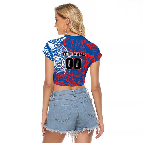 Personalized Newcastle Knights Raglan Cropped T Shirt Polynesian Tribal Chest and Sleeve Tattoo
