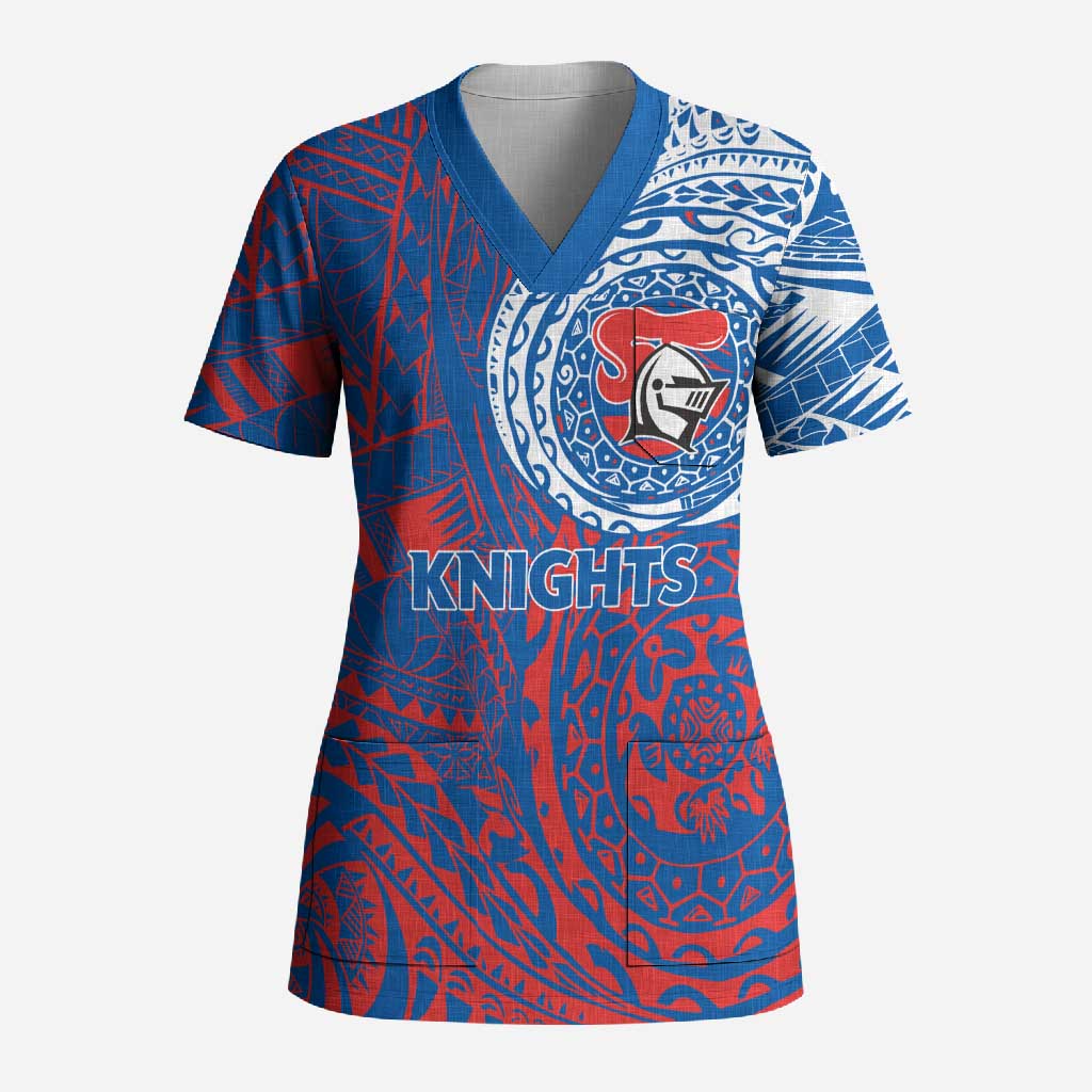 Personalized Newcastle Knights Scrub Top Polynesian Tribal Chest and Sleeve Tattoo
