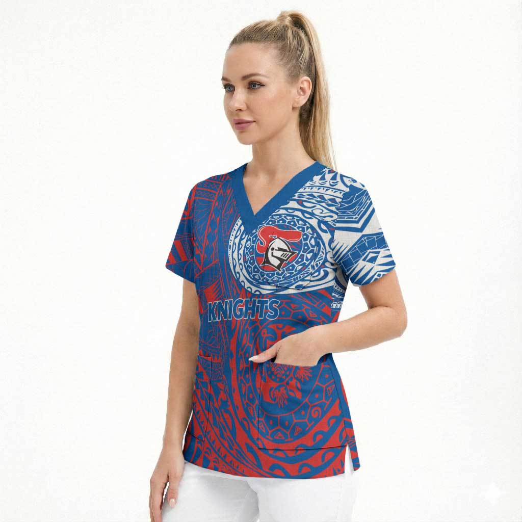 Personalized Newcastle Knights Scrub Top Polynesian Tribal Chest and Sleeve Tattoo