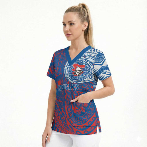Personalized Newcastle Knights Scrub Top Polynesian Tribal Chest and Sleeve Tattoo