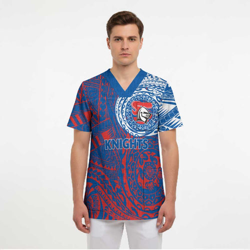 Personalized Newcastle Knights Scrub Top Polynesian Tribal Chest and Sleeve Tattoo