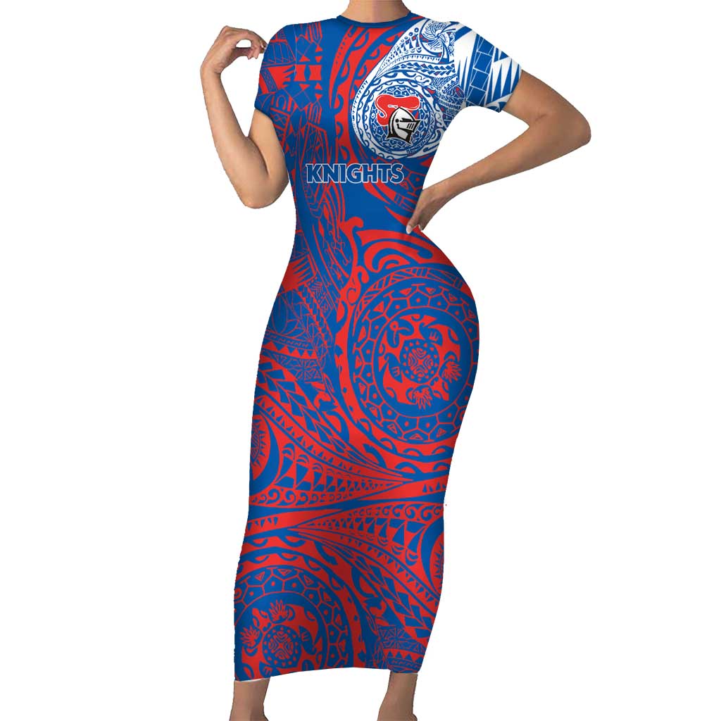 Personalized Newcastle Knights Short Sleeve Bodycon Dress Polynesian Tribal Chest and Sleeve Tattoo
