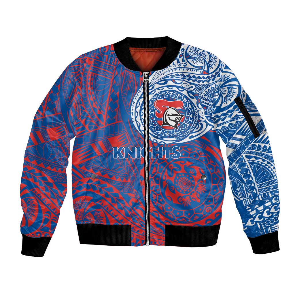 Personalized Newcastle Knights Sleeve Zip Bomber Jacket Polynesian Tribal Chest and Sleeve Tattoo