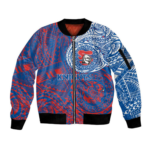 Personalized Newcastle Knights Sleeve Zip Bomber Jacket Polynesian Tribal Chest and Sleeve Tattoo