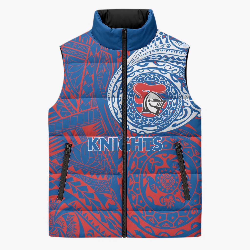 Personalized Newcastle Knights Sleeveless Puffer Jacket Polynesian Tribal Chest and Sleeve Tattoo