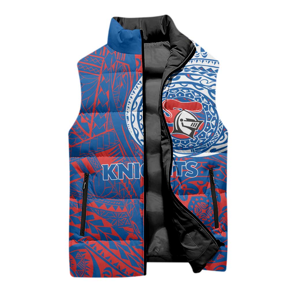 Personalized Newcastle Knights Sleeveless Puffer Jacket Polynesian Tribal Chest and Sleeve Tattoo