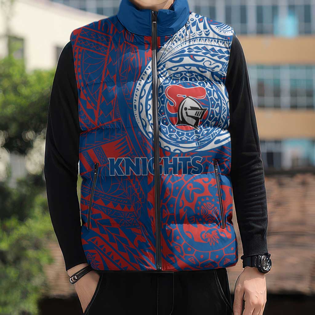 Personalized Newcastle Knights Sleeveless Puffer Jacket Polynesian Tribal Chest and Sleeve Tattoo