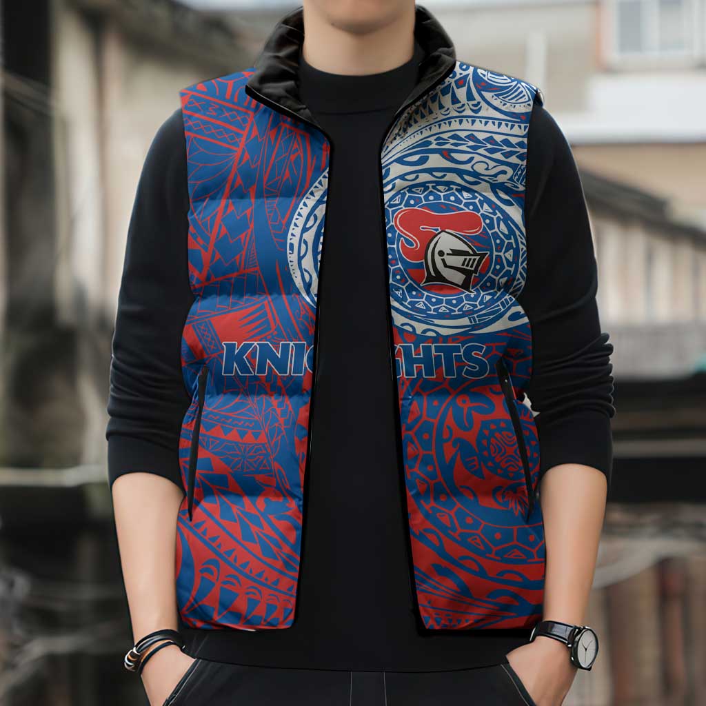 Personalized Newcastle Knights Sleeveless Puffer Jacket Polynesian Tribal Chest and Sleeve Tattoo