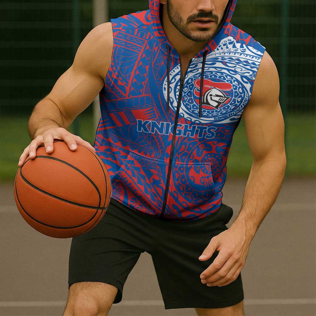 Personalized Newcastle Knights Sleeveless Zip Hoodie Polynesian Tribal Chest and Sleeve Tattoo