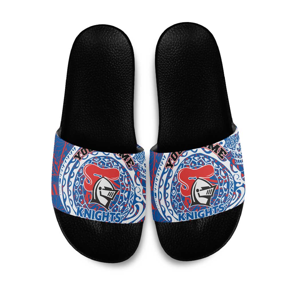 Personalized Newcastle Knights Slide Sandals Polynesian Tribal Chest and Sleeve Tattoo