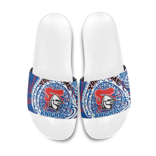 Personalized Newcastle Knights Slide Sandals Polynesian Tribal Chest and Sleeve Tattoo