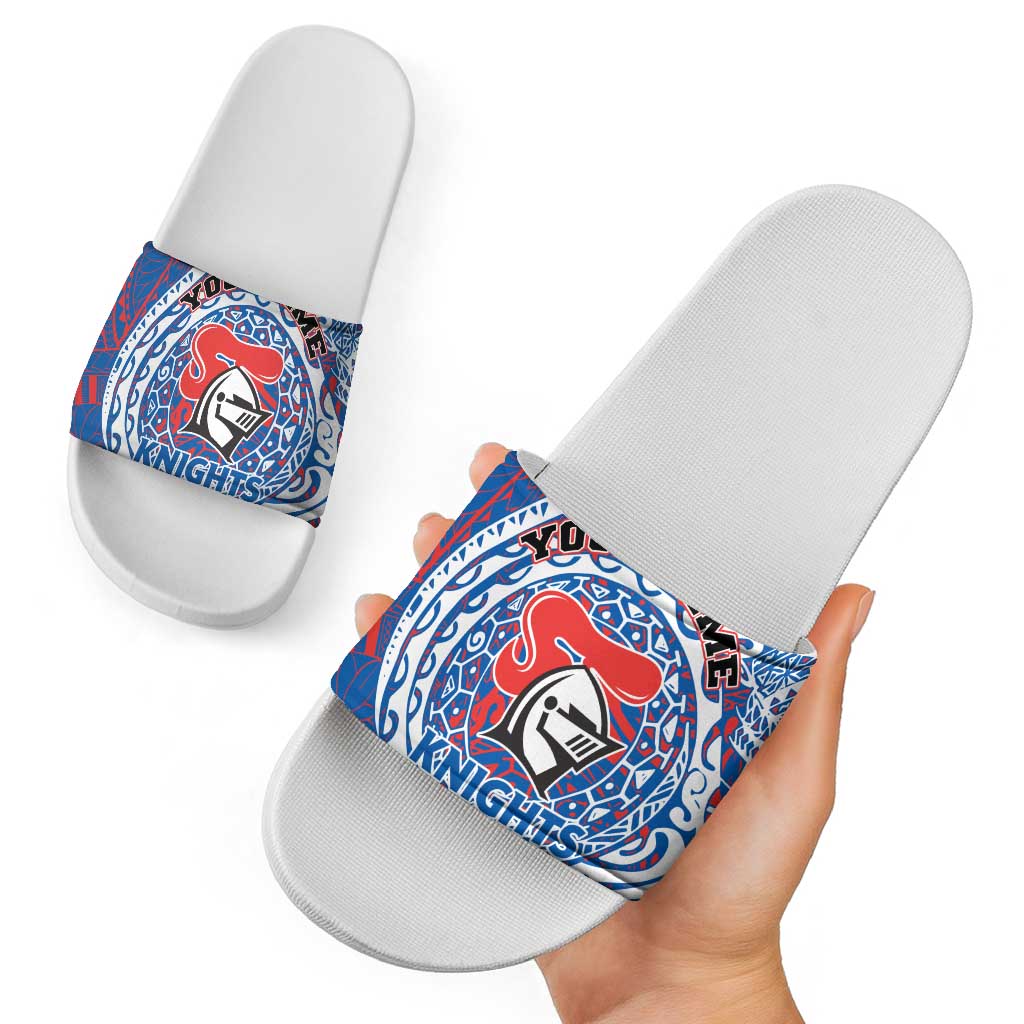 Personalized Newcastle Knights Slide Sandals Polynesian Tribal Chest and Sleeve Tattoo