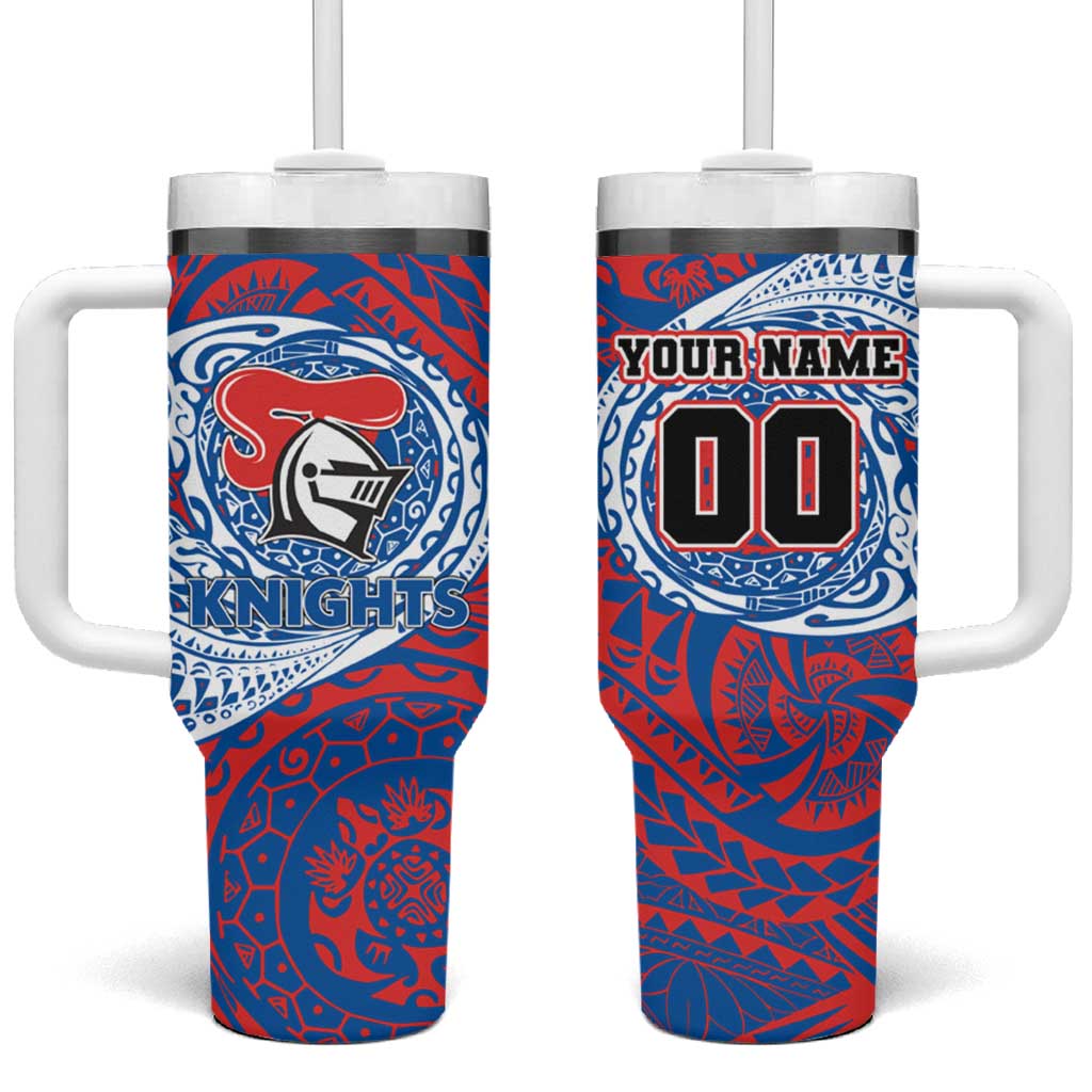Personalized Newcastle Knights Tumbler With Handle Polynesian Tribal Chest and Sleeve Tattoo