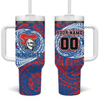 Personalized Newcastle Knights Tumbler With Handle Polynesian Tribal Chest and Sleeve Tattoo