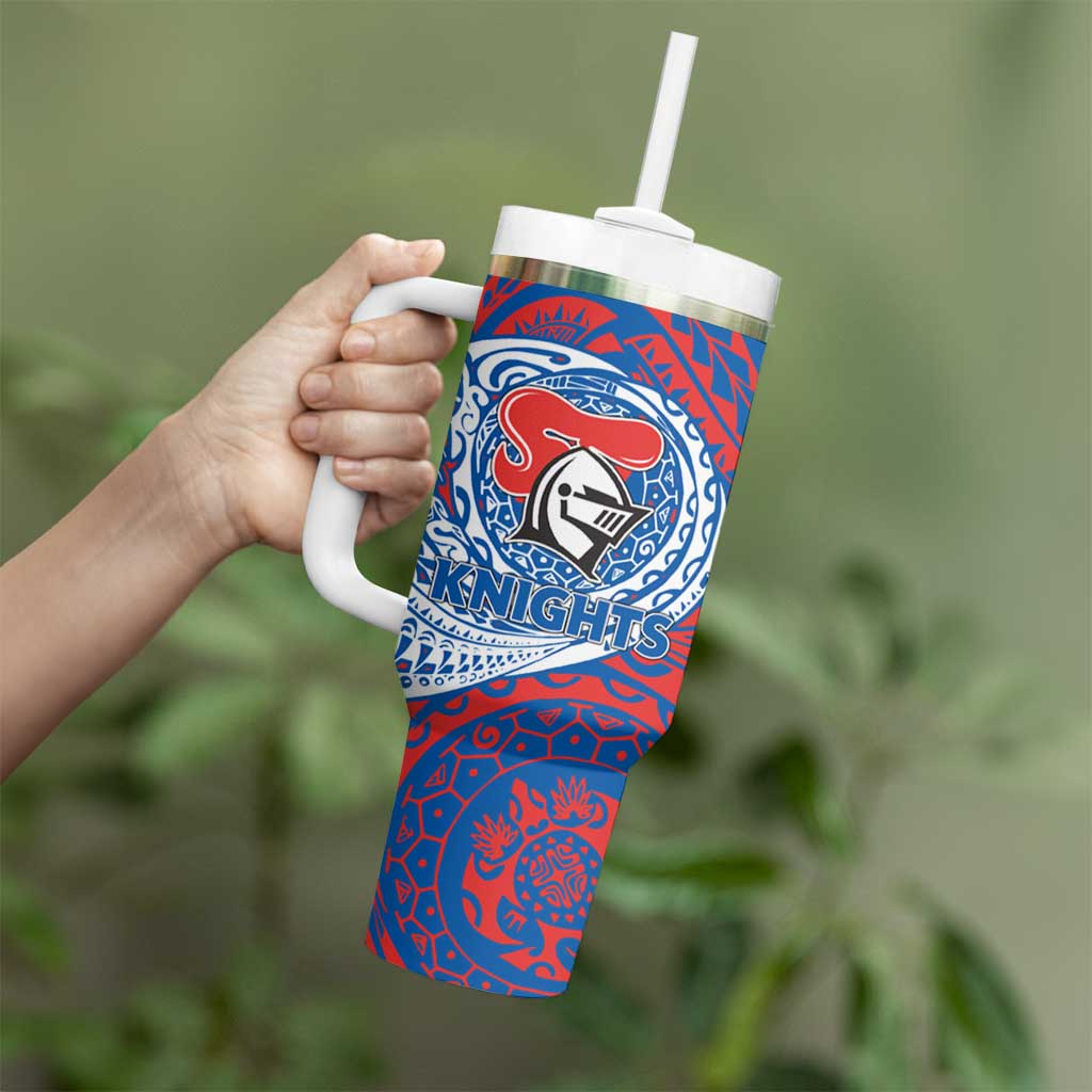 Personalized Newcastle Knights Tumbler With Handle Polynesian Tribal Chest and Sleeve Tattoo