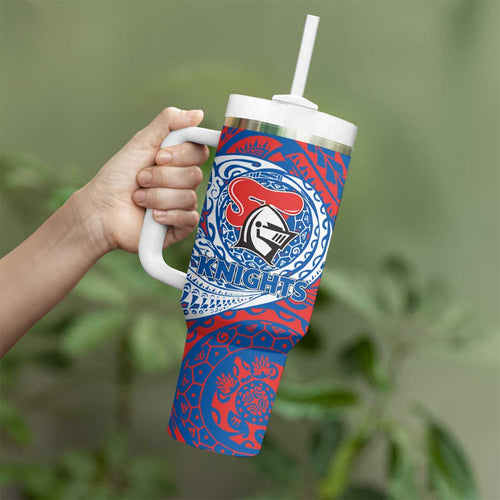 Personalized Newcastle Knights Tumbler With Handle Polynesian Tribal Chest and Sleeve Tattoo