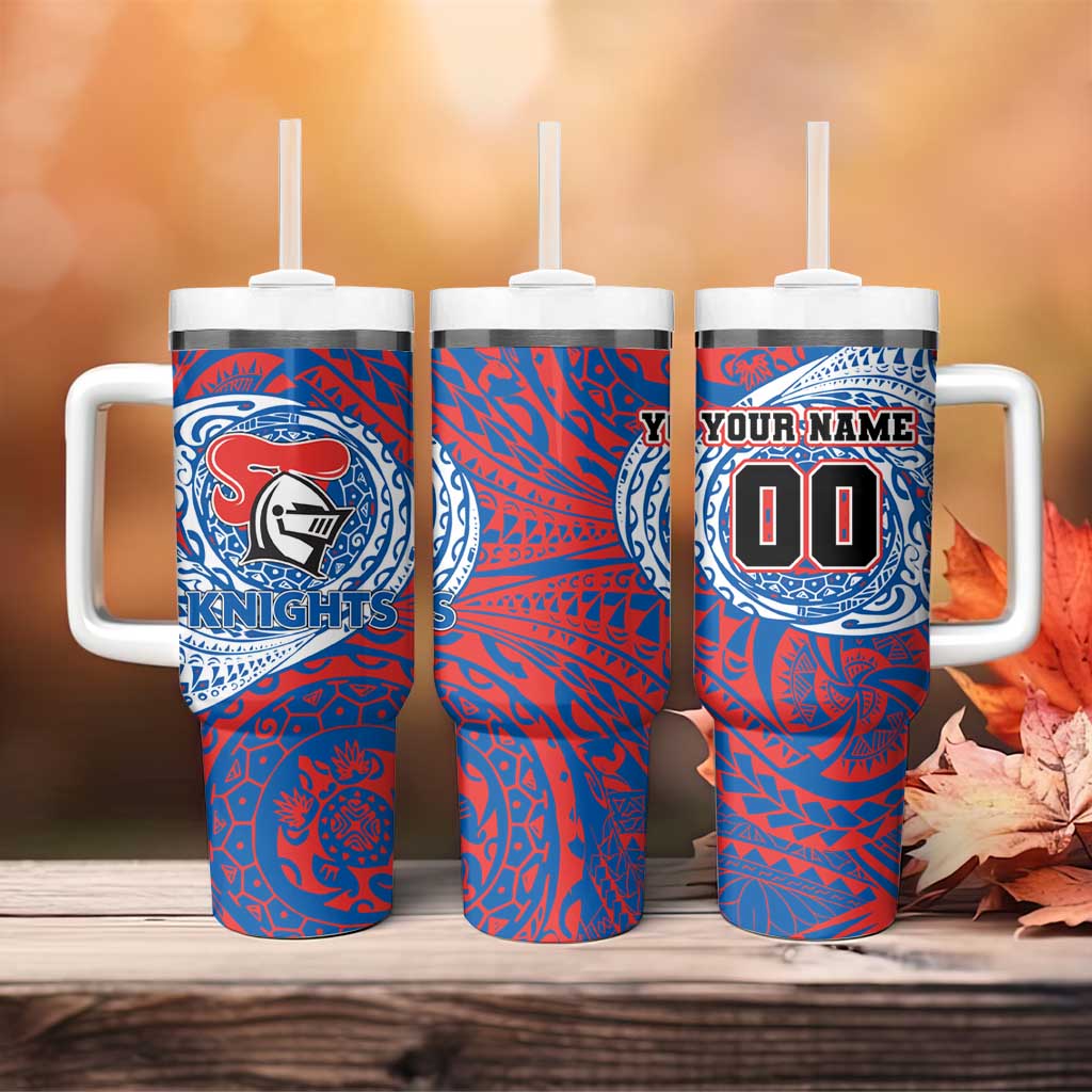 Personalized Newcastle Knights Tumbler With Handle Polynesian Tribal Chest and Sleeve Tattoo