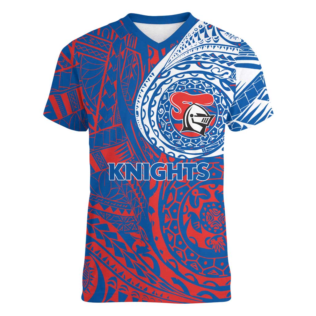 Personalized Newcastle Knights Women V-Neck T-Shirt Polynesian Tribal Chest and Sleeve Tattoo