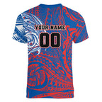 Personalized Newcastle Knights Women V-Neck T-Shirt Polynesian Tribal Chest and Sleeve Tattoo