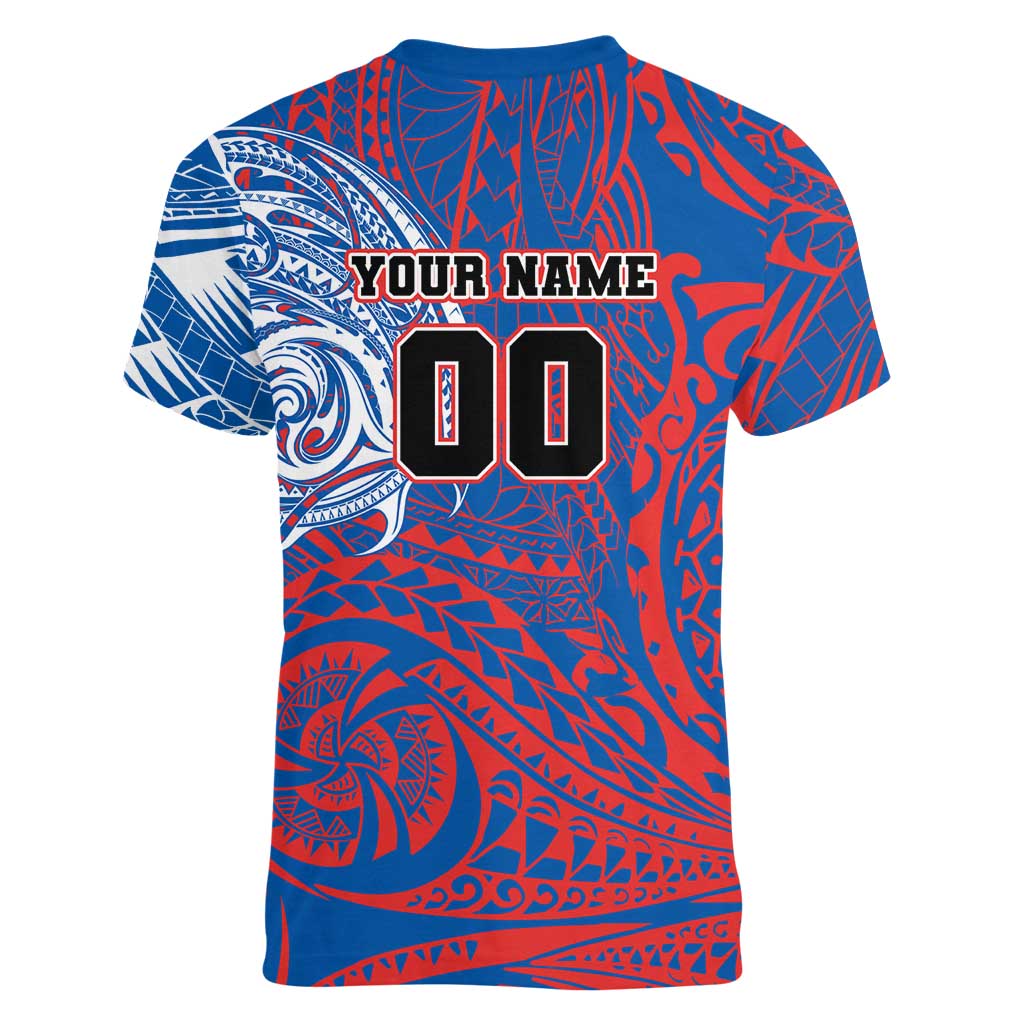 Personalized Newcastle Knights Women V-Neck T-Shirt Polynesian Tribal Chest and Sleeve Tattoo