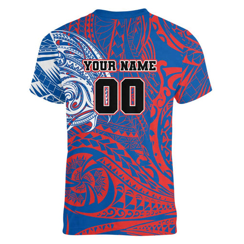 Personalized Newcastle Knights Women V-Neck T-Shirt Polynesian Tribal Chest and Sleeve Tattoo
