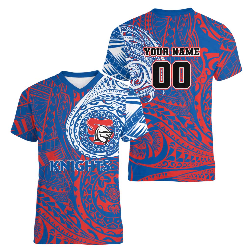 Personalized Newcastle Knights Women V-Neck T-Shirt Polynesian Tribal Chest and Sleeve Tattoo