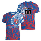 Personalized Newcastle Knights Women V-Neck T-Shirt Polynesian Tribal Chest and Sleeve Tattoo