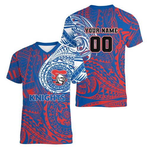 Personalized Newcastle Knights Women V-Neck T-Shirt Polynesian Tribal Chest and Sleeve Tattoo