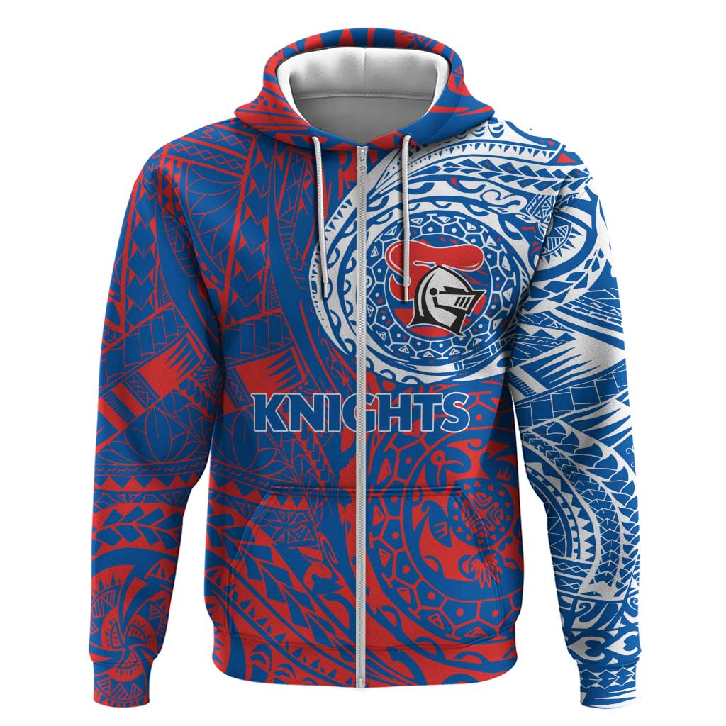 Personalized Newcastle Knights Zip Hoodie Polynesian Tribal Chest and Sleeve Tattoo