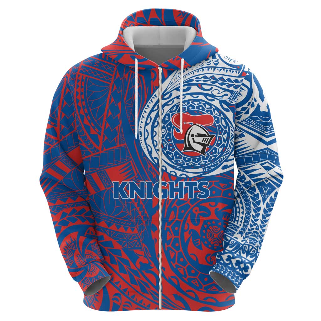 Personalized Newcastle Knights Zip Hoodie Polynesian Tribal Chest and Sleeve Tattoo