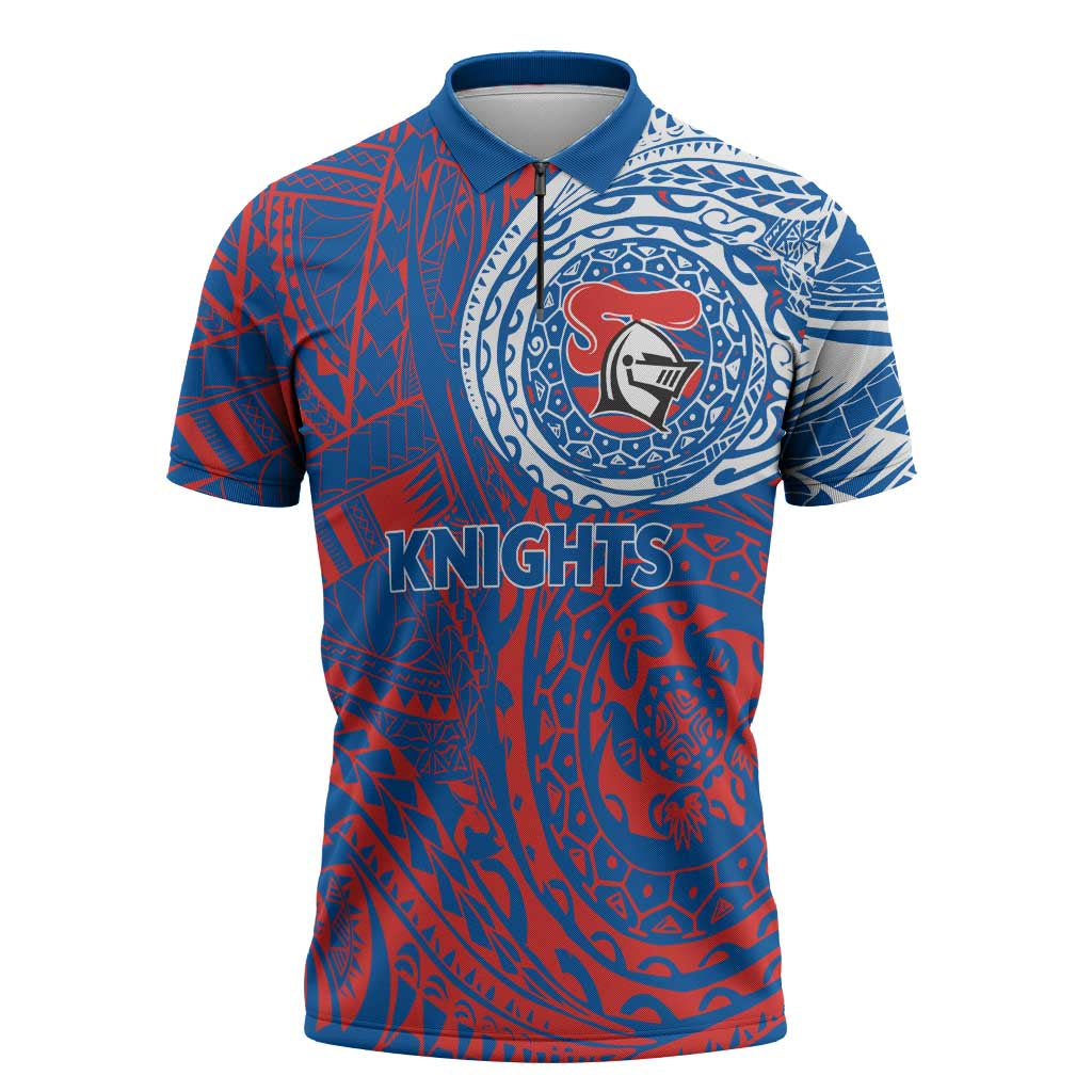 Personalized Newcastle Knights Zipper Polo Shirt Polynesian Tribal Chest and Sleeve Tattoo