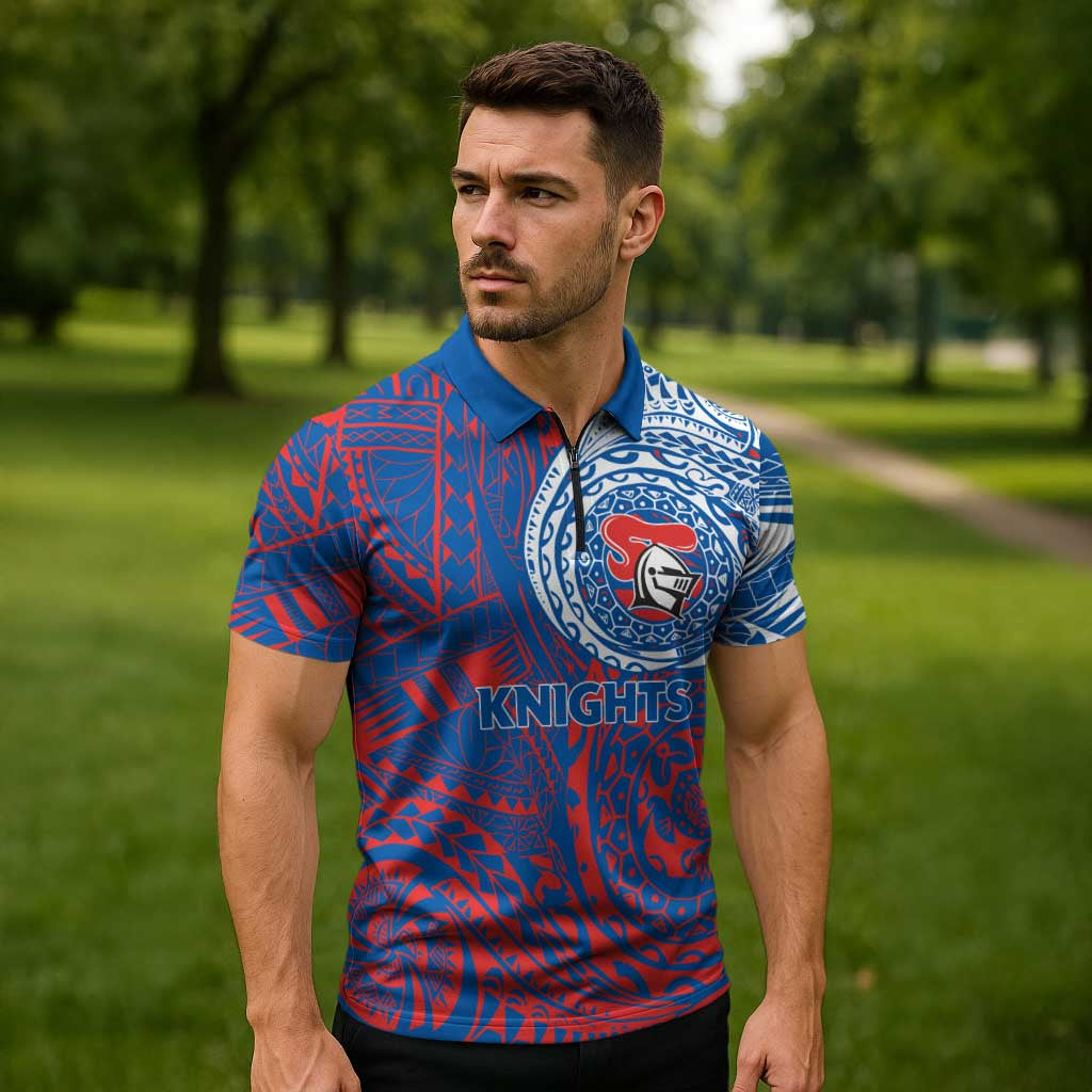 Personalized Newcastle Knights Zipper Polo Shirt Polynesian Tribal Chest and Sleeve Tattoo