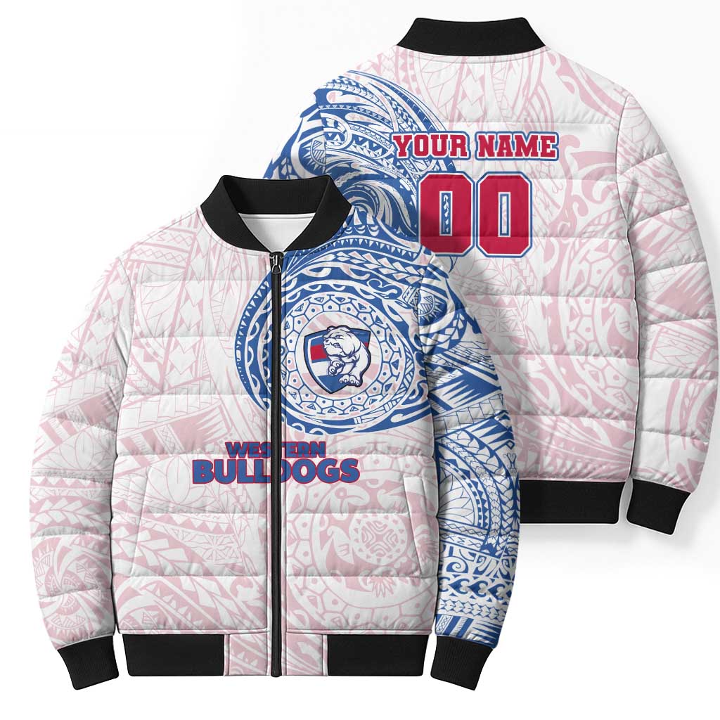 Personalized Western Bulldogs Polynesian Bomber Puffer Jacket Tribal Chest and Sleeve Tattoo Heritage Warrior