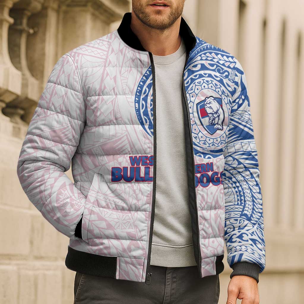 Personalized Western Bulldogs Polynesian Bomber Puffer Jacket Tribal Chest and Sleeve Tattoo Heritage Warrior