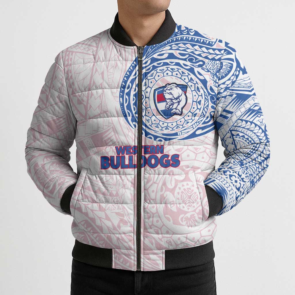 Personalized Western Bulldogs Polynesian Bomber Puffer Jacket Tribal Chest and Sleeve Tattoo Heritage Warrior