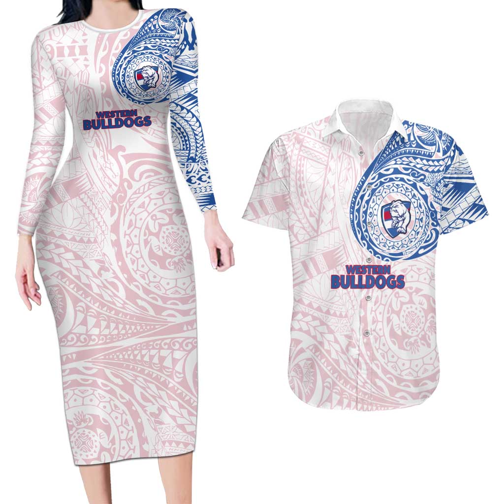 Personalized Western Bulldogs Polynesian Couples Matching Long Sleeve Bodycon Dress and Hawaiian Shirt Tribal Chest and Sleeve Tattoo Heritage Warrior